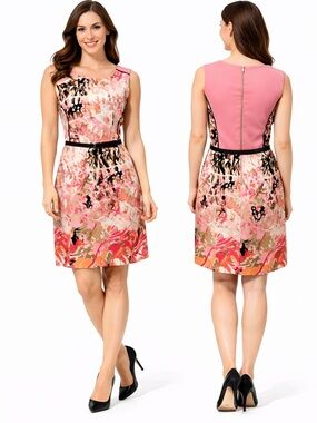 Sleeveless Pink Abstract Print Midi Dress with Belt
